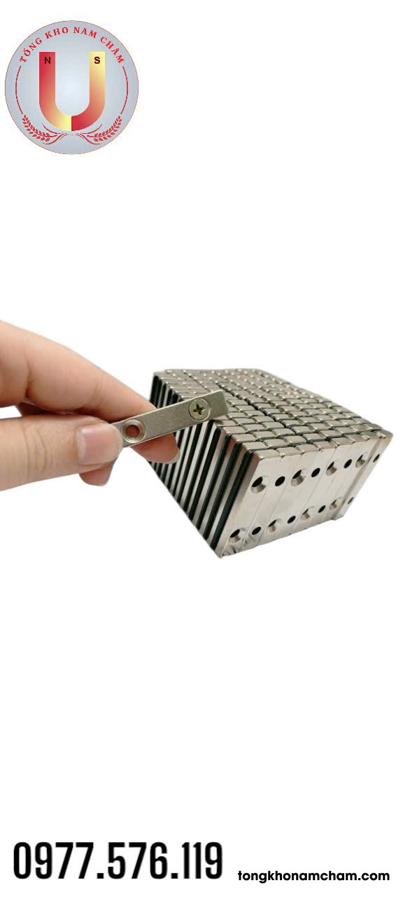 Nam châm đất hiếm, nam châm khối 60x10x5 mm có 2 lỗ vát