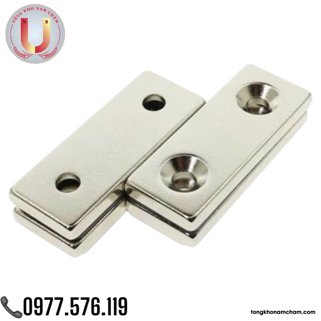 Nam châm viên đất hiếm khố chữ nhật 40x20x5mm có 2 lỗ vát