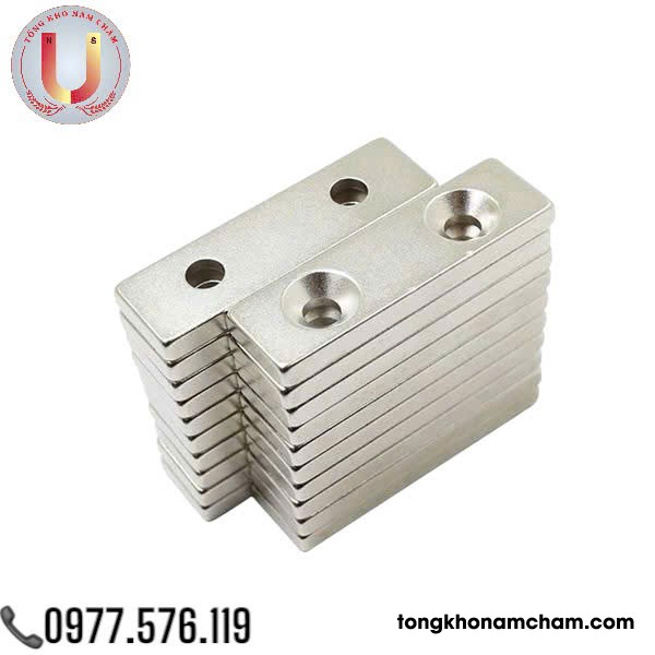 Nam châm viên đất hiếm khối chữ nhật 50x10x5mm có 2 lỗ vát
