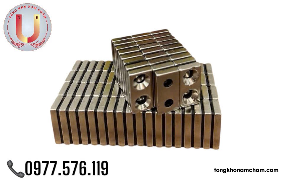 Nam châm viên đất hiếm, lực từ mạnh 30x15x5mm có 2 lỗ vát